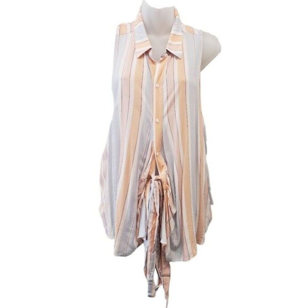Free People Wrap Blouse Top Women's SMALL Purple Blue Ivory Self-Tie Sleeveless